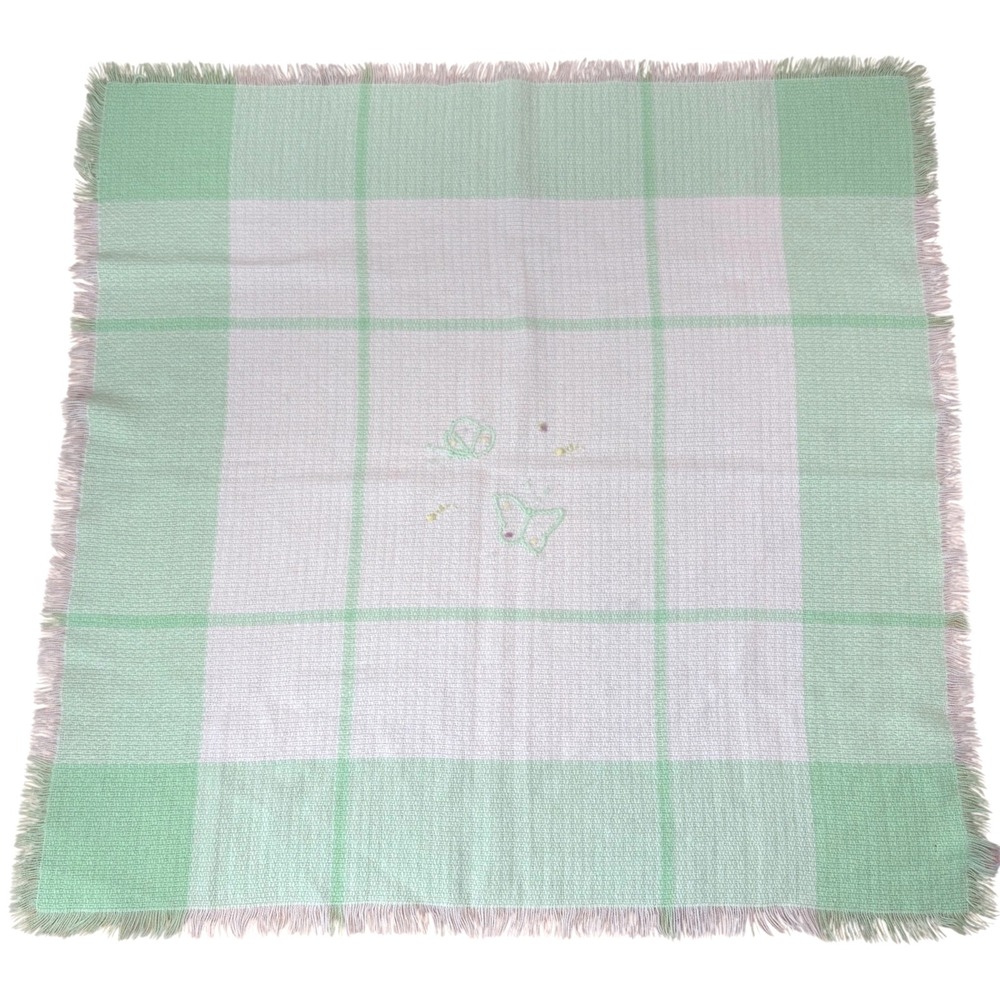 Vintage The Three Weavers Green Plaid‎ Baby Blanket Acrylic Fringe Butterfly
